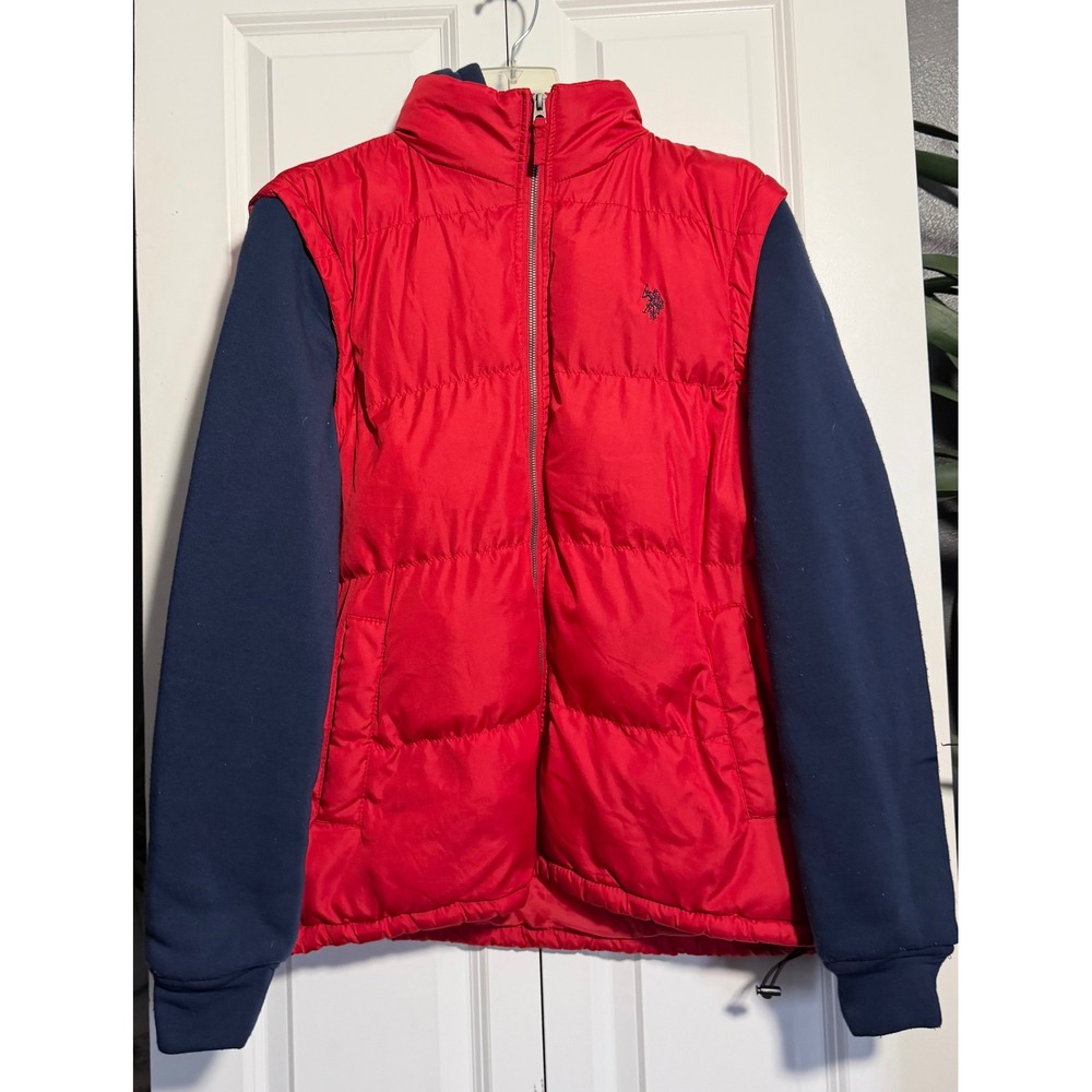 US Polo Assn Puffer Jacket Mens M Red Navy Excellent Hooded Fleece Sleeve Zip